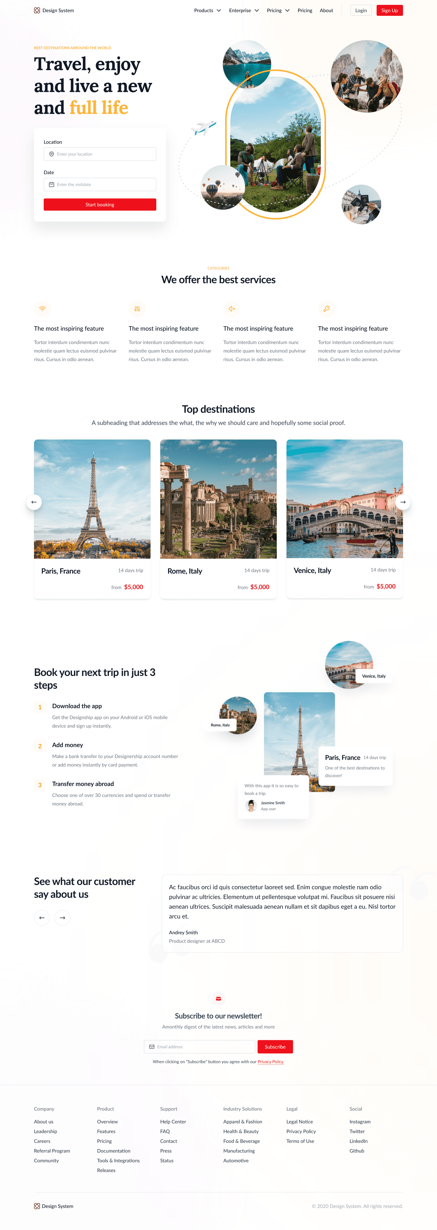 Travel website landing page design